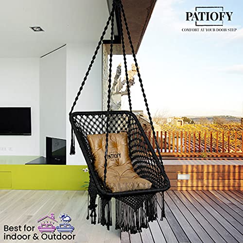 Patiofy Swing for Balcony/Jhula/Swing Chair for Adults for Home for Indoor Outdoor Premium Rectangular Swing Chair with Golden L Cushion & Free Hanging Kit Included- Black - Image 5