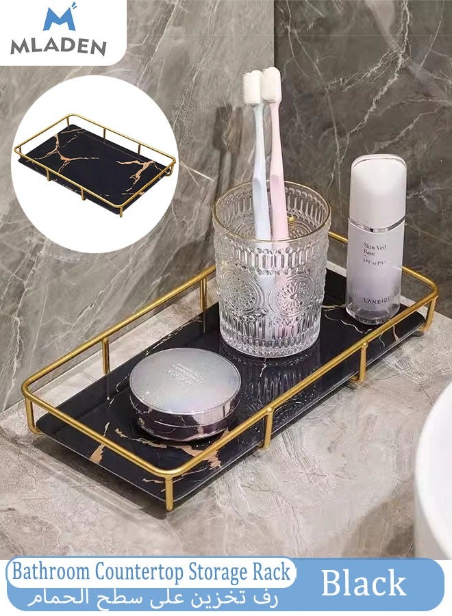MLADEN Bathroom Countertop Storage Rack Vanity Tray Makeup Organizer Cosmetics Storage Bathroom Skincare Organizer Countertop Display Rack in Dresser Stainless Steel Shelf Marble Print Ceramic Trays - Image 1
