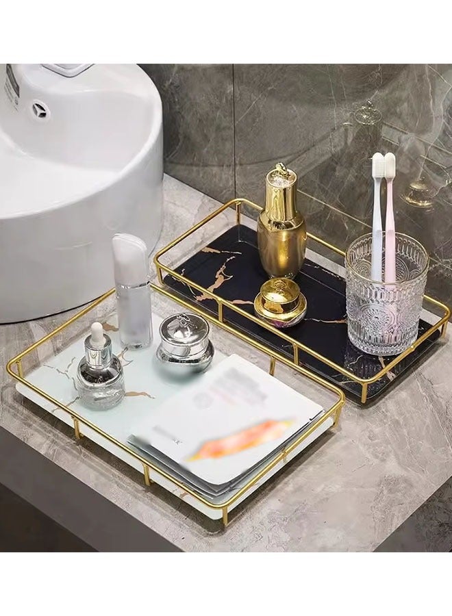 MLADEN Bathroom Countertop Storage Rack Vanity Tray Makeup Organizer Cosmetics Storage Bathroom Skincare Organizer Countertop Display Rack in Dresser Stainless Steel Shelf Marble Print Ceramic Trays - Image 5