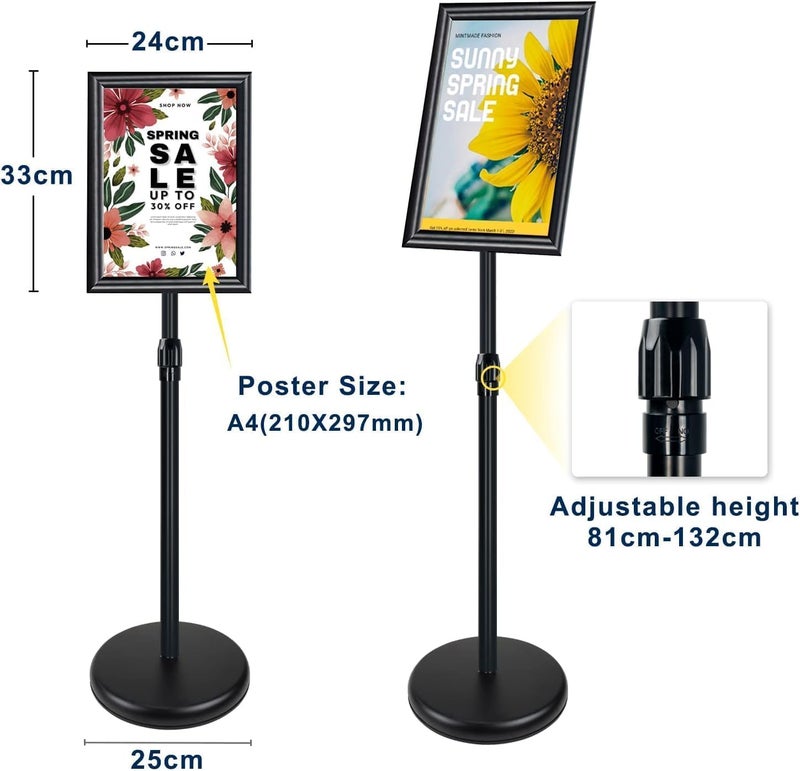 DURKU A4 Poster Stand Floor Display Holder Snap Frame Aluminum Sign Holder - Angle & Height Adjustable Telescoping Notice Stand for Wedding/Business Activities (Black-A4) - Image 2