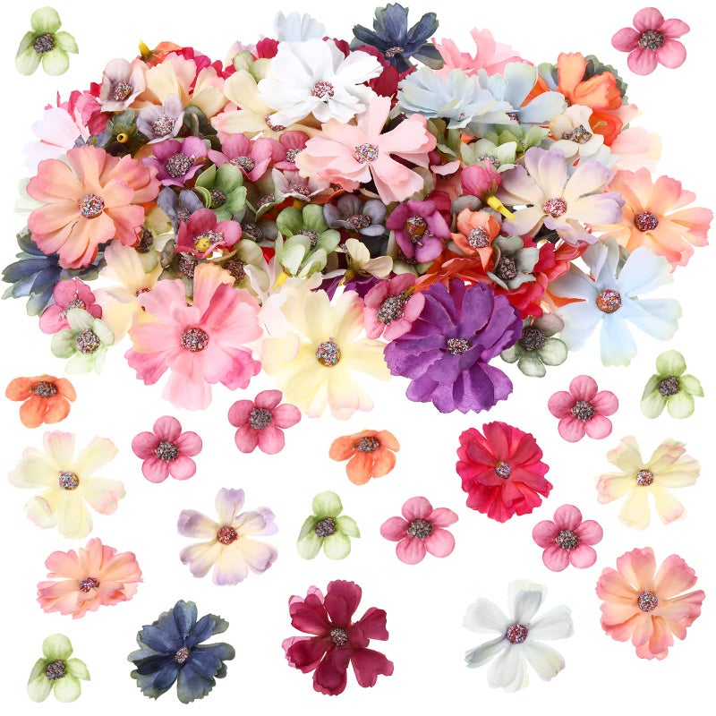 Geosar 120 Pcs Mini Faux Flowers for Crafts  Heads Artificial Small Fabric Silk Daisy Peony Decorations Garland DIY Wreath Accessories for Wedding Home Party Decor (Multicolor) - Image 1