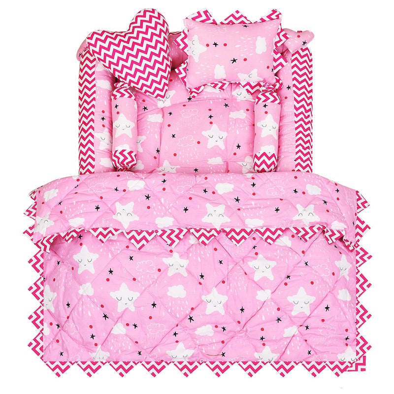 LOREM Pink 4 Pillows & Square Shape Cotton Baby Bed for 0-1 Year BB14-CMC - Image 1