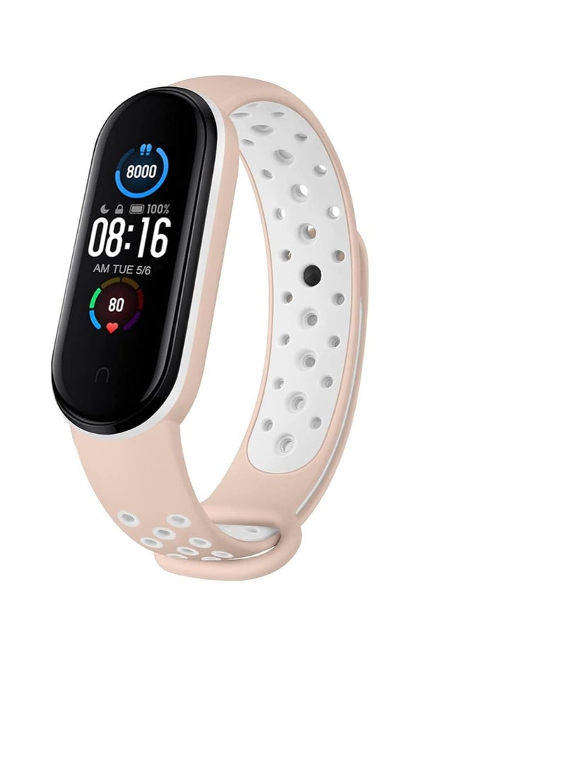 Breathable Replacement Silicone Sport Strap For Mi Band 5 / Mi Band 6 Smartwatch (Pink and White) - Image 1