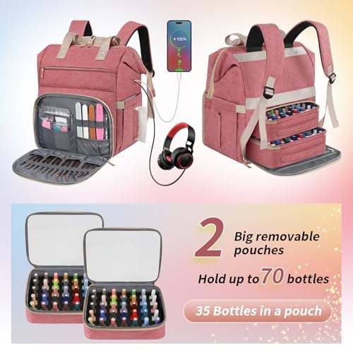 LTINVECK Nail Polish Organizer Case Backpack Holds 70 Bottles 15ml05floz Nail Lamp 2 Layers Detachable Nail Kit Storage Case Large Travel Nail Supplies Shoulder Bag for Manicure Tools Pink - Image 3