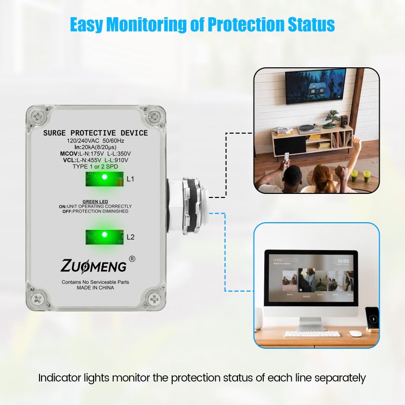 Zuomeng HVAC Surge Protector, Zuomeng 120/240VAC Universal Air Conditioner Surge Protective Device with 20kA Surge Absorption, Dual LED Indicators, 3 Type of Protection to Protect HVAC Systems - Image 5