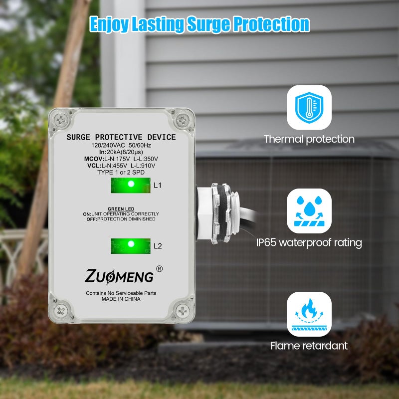 Zuomeng HVAC Surge Protector, Zuomeng 120/240VAC Universal Air Conditioner Surge Protective Device with 20kA Surge Absorption, Dual LED Indicators, 3 Type of Protection to Protect HVAC Systems - Image 4