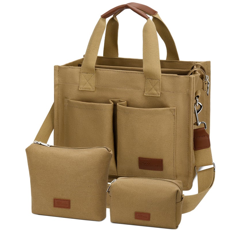 KKXIU Large Canvas Tote Bag for Women with Zipper and Compartments Crossbody Work Bible Messenger Purse Bag Set With Pockets 2pcs - Brown - Image 1
