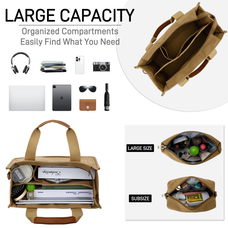 KKXIU Large Canvas Tote Bag for Women with Zipper and Compartments Crossbody Work Bible Messenger Purse Bag Set With Pockets 2pcs - Brown - Image 3