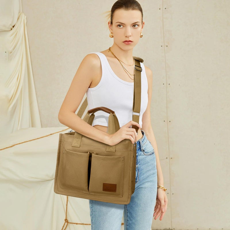 KKXIU Large Canvas Tote Bag for Women with Zipper and Compartments Crossbody Work Bible Messenger Purse Bag Set With Pockets 2pcs - Brown - Image 2