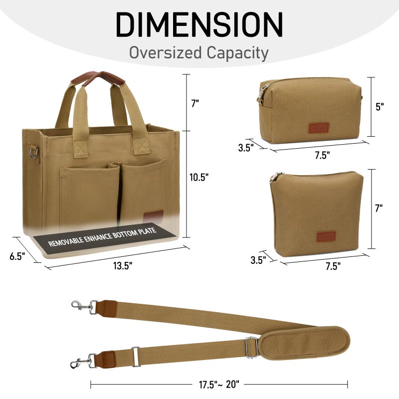 KKXIU Large Canvas Tote Bag for Women with Zipper and Compartments Crossbody Work Bible Messenger Purse Bag Set With Pockets 2pcs - Brown - Image 4