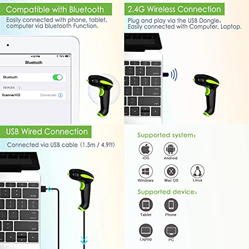 NADAMOO 2D Wireless Barcode Scanner with Stand, Compatible with Bluetooth & 2.4G Wireless & Wired Connection, Cordless QR Code Scanner USB Image Bar Code Reader for Computer Tablet iPhone iPad Android - Image 2