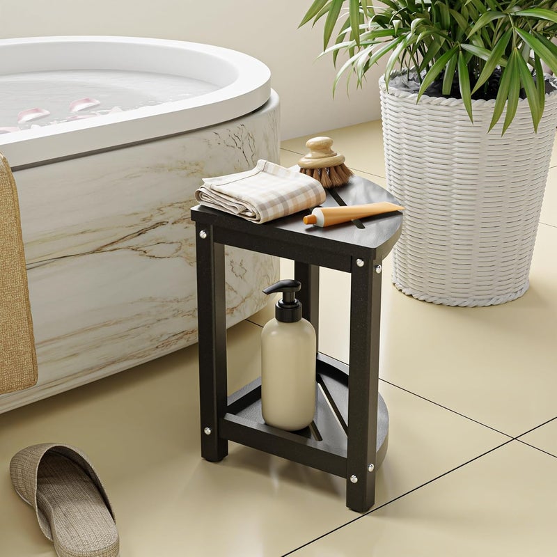 ONSGLM Shower Stool - Corner Bench Seat with HDPE Waterproof Shaving Legs, Baffle Storage Shelf, Indoor/Outdoor Use, Black - Image 3