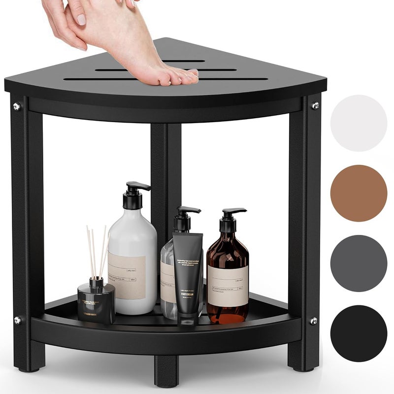 ONSGLM Shower Stool - Corner Bench Seat with HDPE Waterproof Shaving Legs, Baffle Storage Shelf, Indoor/Outdoor Use, Black - Image 1