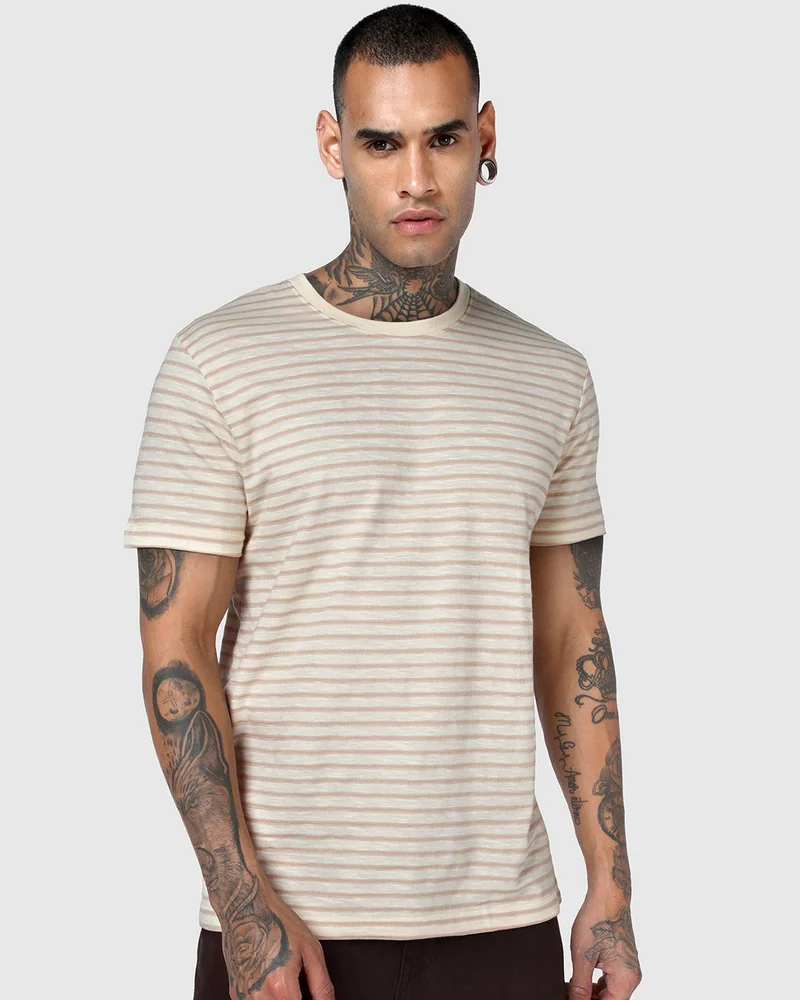 بيواكوف Men's Brown Striped T-shirt