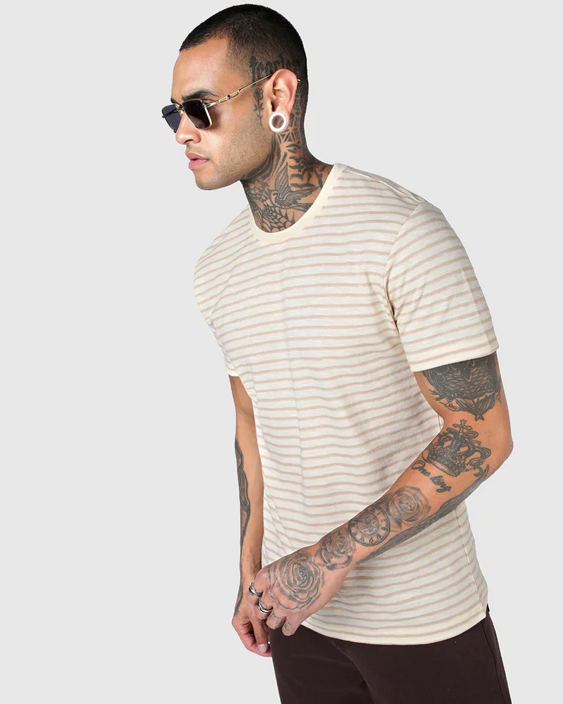 بيواكوف Men's Brown Striped T-shirt