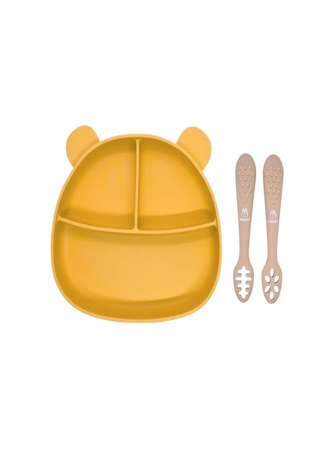 Babylief Silicone Plate with Suction Base and Training Spoon Set, Multi-Colour (Mustard Yellow) - Image 1