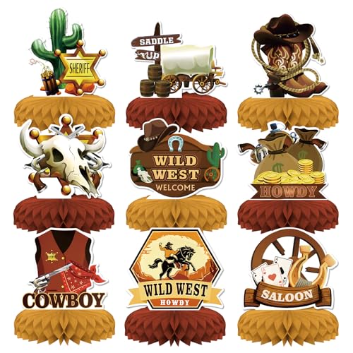 KSKSPE 9 Pcs Western Cowboy Party Decorations KSKSPE Wild West Honeycomb Centerpieces for Tables Cowboy Party Decorations 3D Cowboy Western Theme Birthday Party Decor Supplies Boys Girls - Image 1