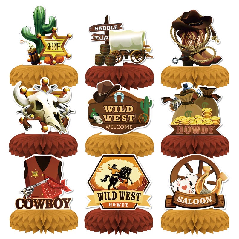 KSKSPE 9 Pcs Western Cowboy Party Decorations KSKSPE Wild West Honeycomb Centerpieces for Tables Cowboy Party Decorations 3D Cowboy Western Theme Birthday Party Decor Supplies Boys Girls - Image 3