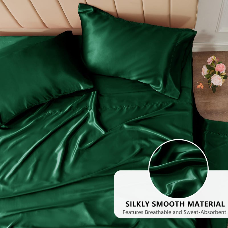 CozyLux Satin Sheets Full Size Sheets - 4 Piece Silky Full Size Bed Sheets, Luxury Dark Green Full Bed Set with Smooth and Soft Microfiber, Includes 1 Fitted Sheet, 1 Flat Sheet and 2 Pillowcases - Image 3