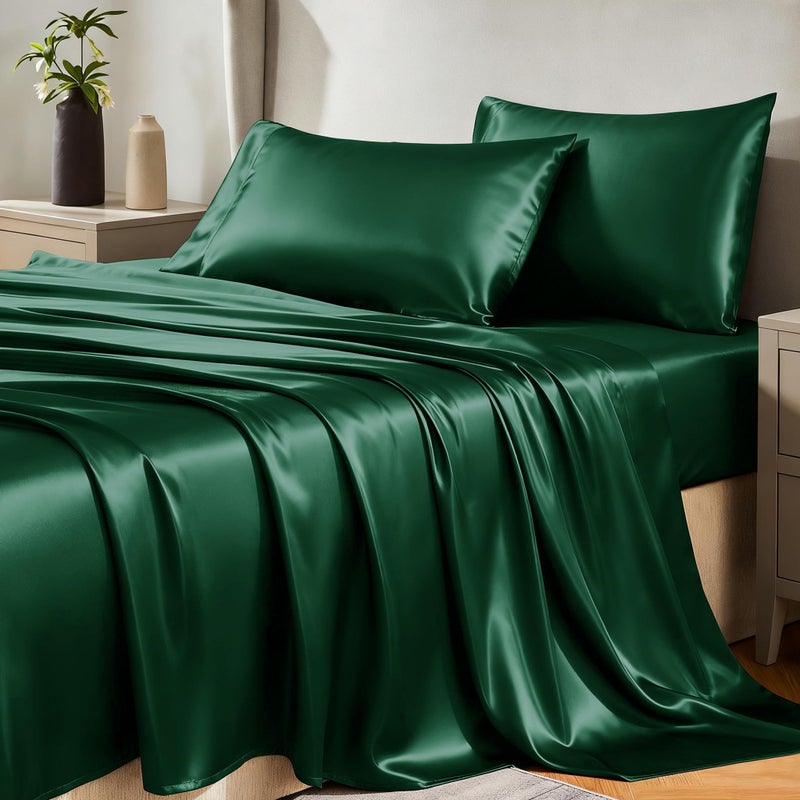 CozyLux Satin Sheets Full Size Sheets - 4 Piece Silky Full Size Bed Sheets, Luxury Dark Green Full Bed Set with Smooth and Soft Microfiber, Includes 1 Fitted Sheet, 1 Flat Sheet and 2 Pillowcases - Image 1