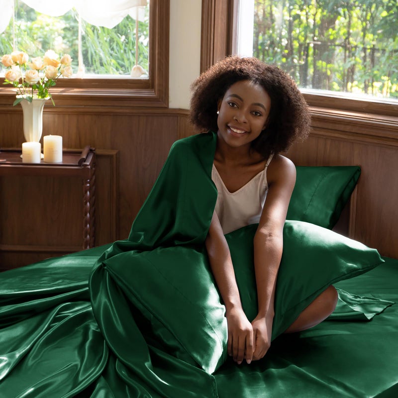 CozyLux Satin Sheets Full Size Sheets - 4 Piece Silky Full Size Bed Sheets, Luxury Dark Green Full Bed Set with Smooth and Soft Microfiber, Includes 1 Fitted Sheet, 1 Flat Sheet and 2 Pillowcases - Image 5