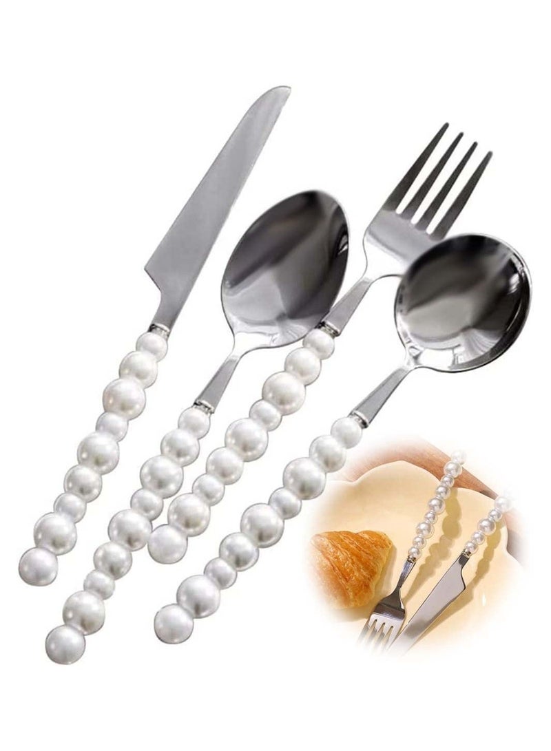 Silverware Set 4 Piece Stainless Steel Utenslis Flatware Cutlery Include Forks Spoons Knives Utensils Tableware Sets with ABS Imitation Pearl Handles for Home Kitchen Restaurant Hotel - Image 1