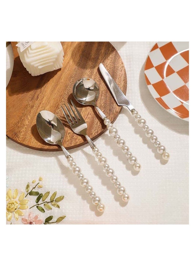 Silverware Set 4 Piece Stainless Steel Utenslis Flatware Cutlery Include Forks Spoons Knives Utensils Tableware Sets with ABS Imitation Pearl Handles for Home Kitchen Restaurant Hotel - Image 2