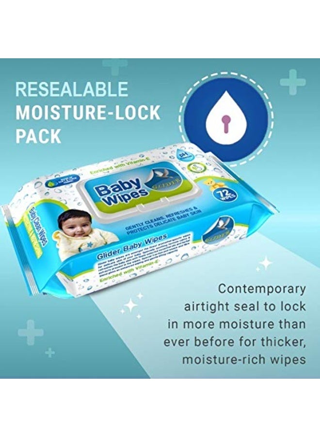 GLIDER Baby Wipes - with Moisture Lock Flip-Top, Contains Aloe Vera & Vitmain E, pH balanced with No Parabens & Chlorine (Single Pack (72 Wipes) - Image 3