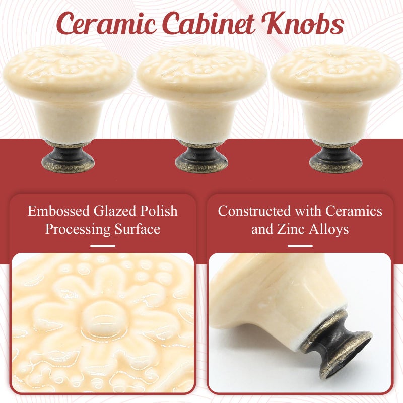 Suiwotin 8Pcs Beige Ceramic Knobs  Vintage Kitchen Cabinet Knobs Pulls  Retro Ceramic Dresser Knobs  Decorative Drawer Pull Knob Handles For Closet  Cupboard  Furniture Door Knobs - Image 3