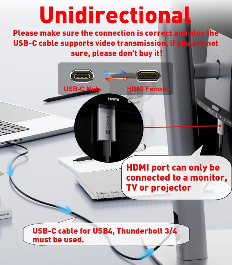 Reborn USB C Female to HDMI Male Adapter | 4K Uni-Directional USB Type C Source to HDMI 2.0 Display Converter Thunderbolt 3/4 to HDMI for MacBook Pro/Air, Galaxy S8 to S23, Surface - 1 Pack - Image 2
