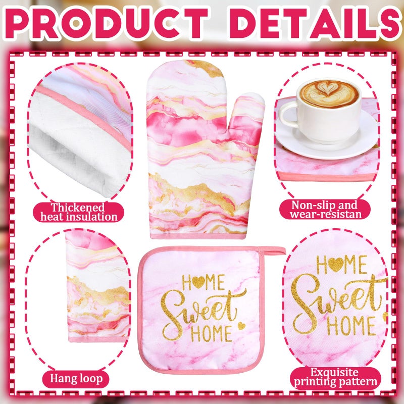 Fourluoo 10 Pcs Kitchen Dish Towels Rugs Oven Mitts and Pot Holders Kit Farmhouse Kitchen Decor Set Gloves Vintage Potholders for Baking Cooking Chef(Pink,Modern) - Image 5