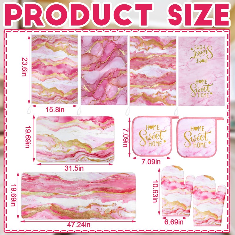 Fourluoo 10 Pcs Kitchen Dish Towels Rugs Oven Mitts and Pot Holders Kit Farmhouse Kitchen Decor Set Gloves Vintage Potholders for Baking Cooking Chef(Pink,Modern) - Image 3