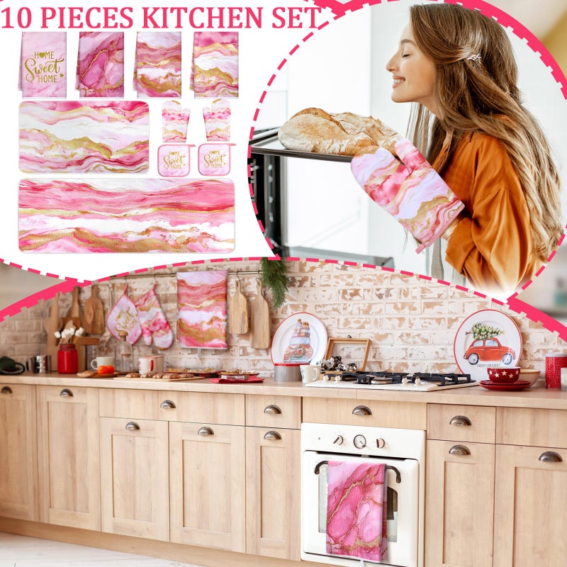 Fourluoo 10 Pcs Kitchen Dish Towels Rugs Oven Mitts and Pot Holders Kit Farmhouse Kitchen Decor Set Gloves Vintage Potholders for Baking Cooking Chef(Pink,Modern) - Image 2
