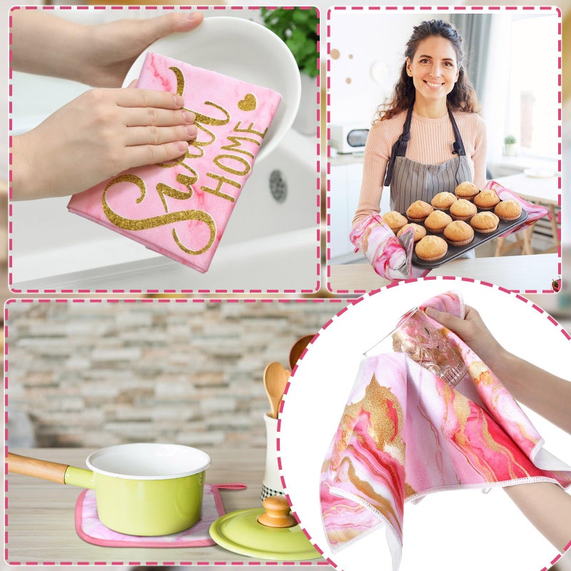 Fourluoo 10 Pcs Kitchen Dish Towels Rugs Oven Mitts and Pot Holders Kit Farmhouse Kitchen Decor Set Gloves Vintage Potholders for Baking Cooking Chef(Pink,Modern) - Image 4