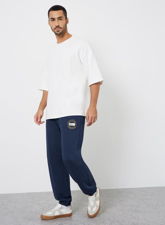 Styli Men Navy Blue Embroidered Terry Joggers - Image 2