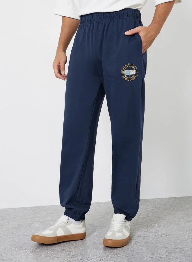 Men Navy Blue Embroidered Terry Joggers