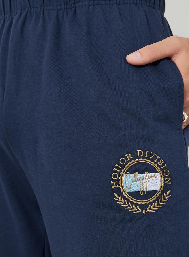 Styli Men Navy Blue Embroidered Terry Joggers - Image 3