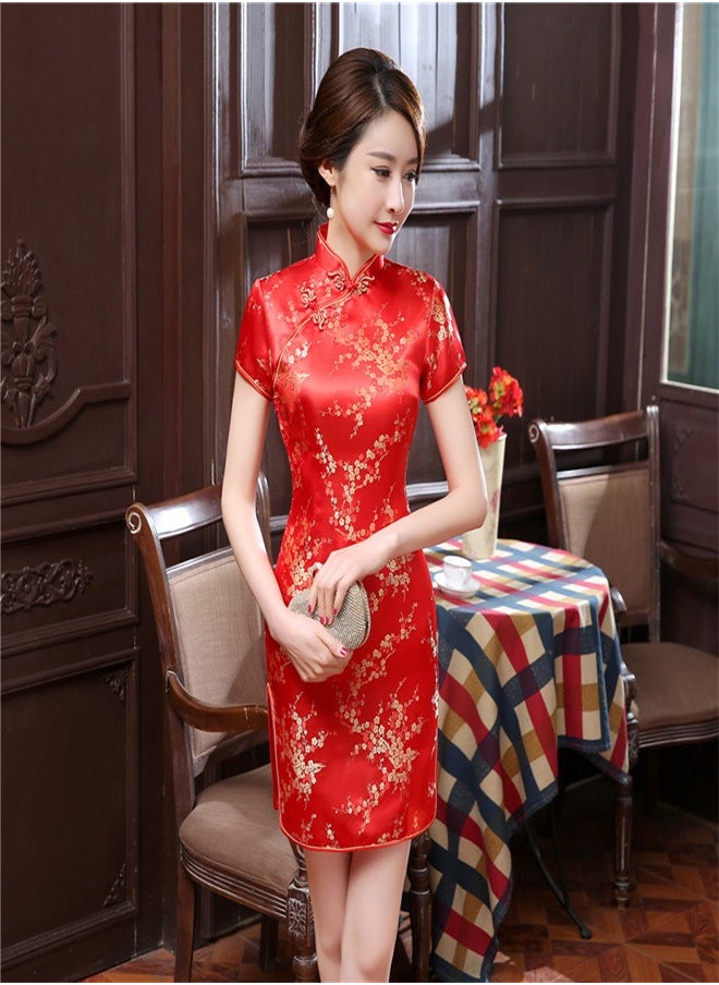 Loquat A Plum Blossom Short Sleeved Dress Big Red,  - Image 1
