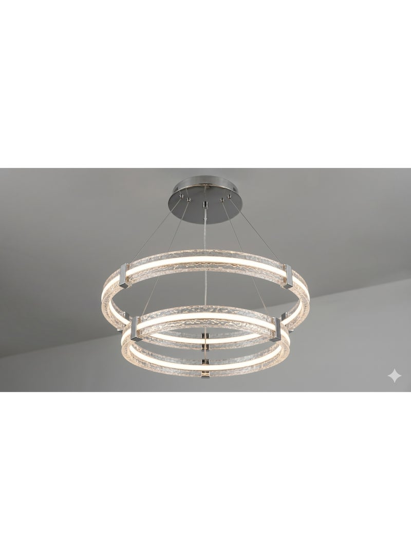 نجفة LED مودرن حلقتين بتصميم كريستال صخري مثلج وهيكل كروم فضي ذكي (مع ريموت كنترول) - Image 2