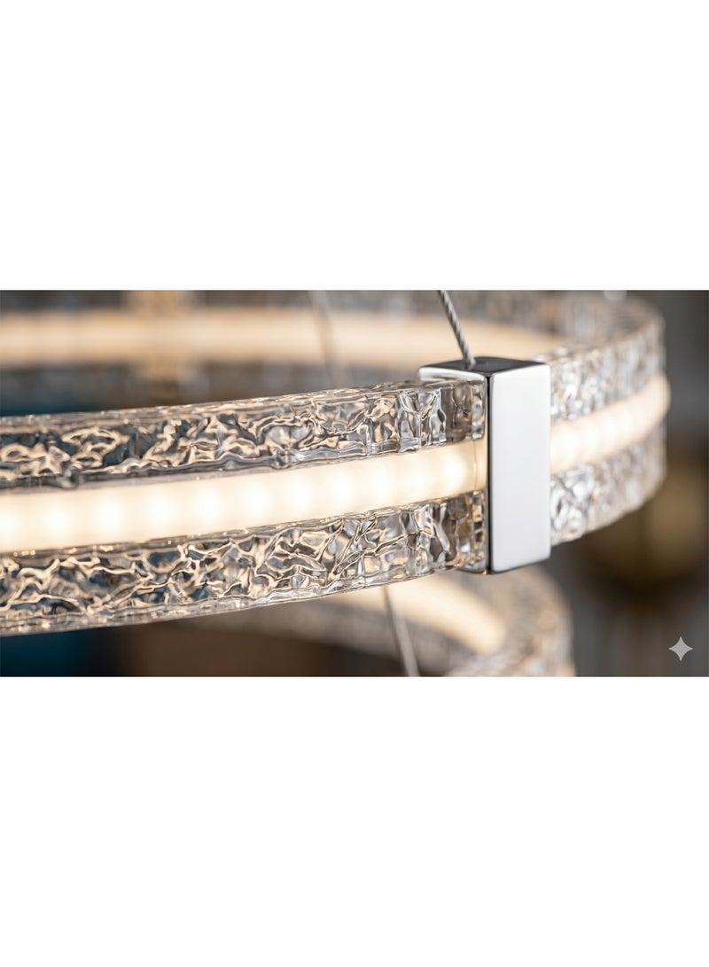 نجفة LED مودرن حلقتين بتصميم كريستال صخري مثلج وهيكل كروم فضي ذكي (مع ريموت كنترول) - Image 3