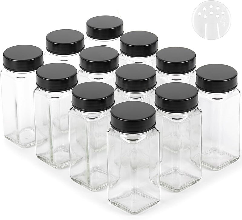 EDELHAUS Glass Spice Jars and Black Stainless Steel Lids (12 x 4oz) Spice Containers with Shaker Inserts - Add-On Pack Without Labels or Accessories - Image 1
