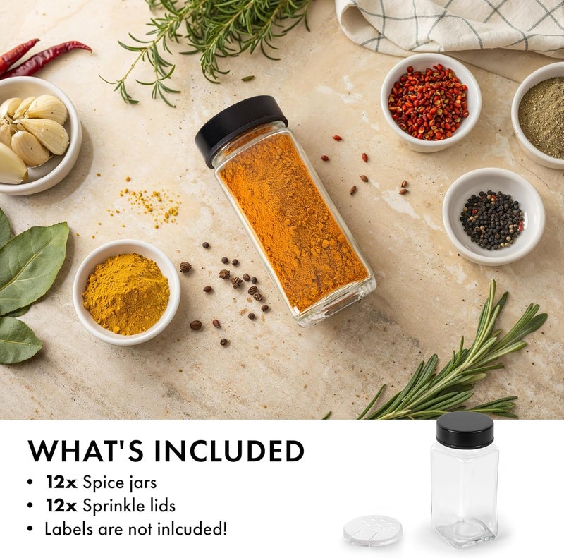 EDELHAUS Glass Spice Jars and Black Stainless Steel Lids (12 x 4oz) Spice Containers with Shaker Inserts - Add-On Pack Without Labels or Accessories - Image 2