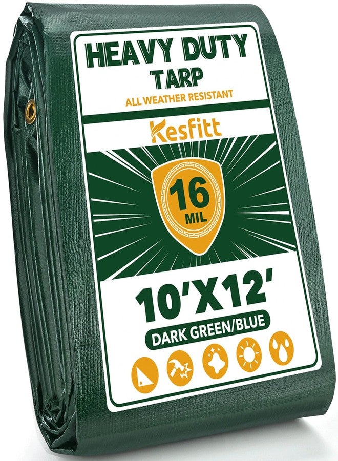 Kesfitt Tarp Heavy Duty Waterproof 10x12FT,16 Mil Thick Tarps Tear&Fade Resistant,UV Resistant,Poly Tarp Cover with Grommets and Reinforced Edges for Outdoor Camping Pools Boat Car(Green/Blue) - Image 1