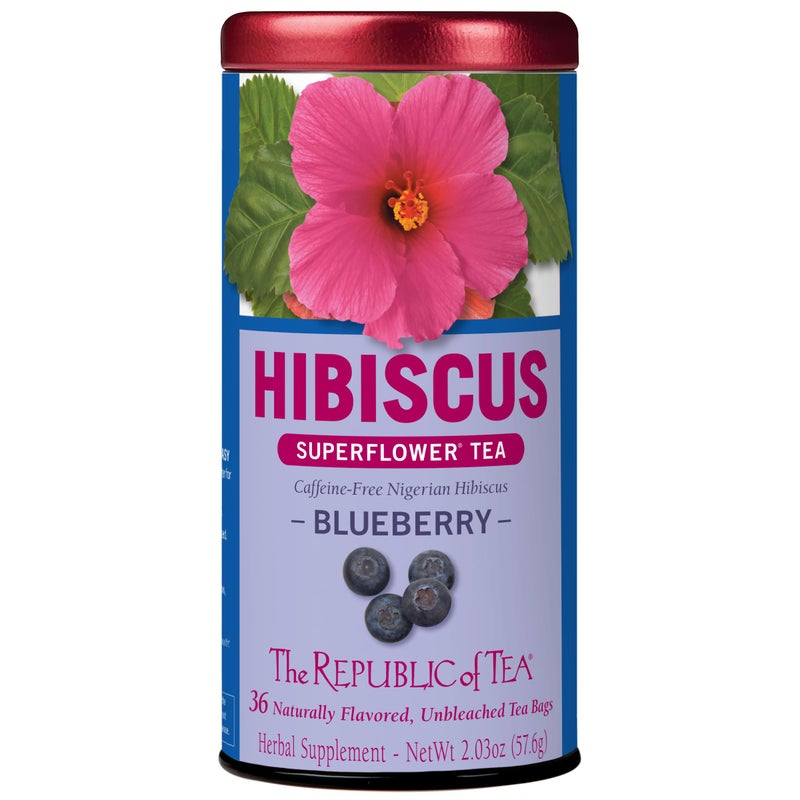 The Republic of Tea, Hibiscus Blueberry Superflower Herbal Tea, 36 Tea Bag Tin - Image 1
