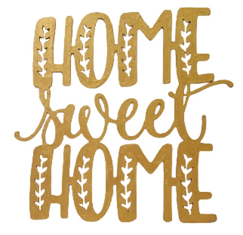 Purpledip Wooden Laser Cut Wall Hanging: Home Sweet Home, Golden (12378) - Image 1