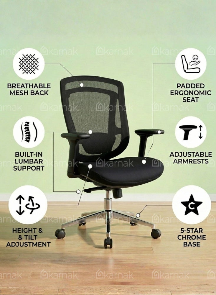 KARNAK Comfy Medium Back Office Chair with Breathable Mesh Back, Adjustable Height, Swivel Base and Fixed Armrests, Black - Image 5