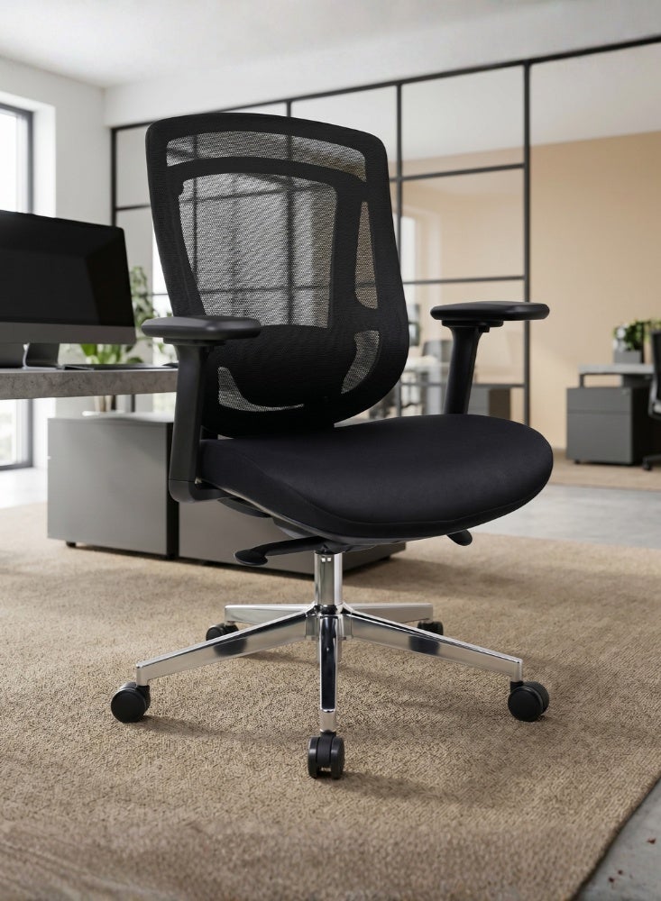 KARNAK Comfy Medium Back Office Chair with Breathable Mesh Back, Adjustable Height, Swivel Base and Fixed Armrests, Black - Image 1