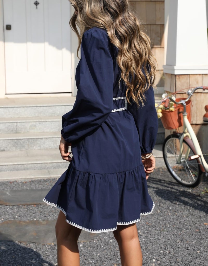 LifeShe Women Tie Front Babydoll Dress V Neck Puff Sleeve Mini Dresses Navy Blue - Image 5