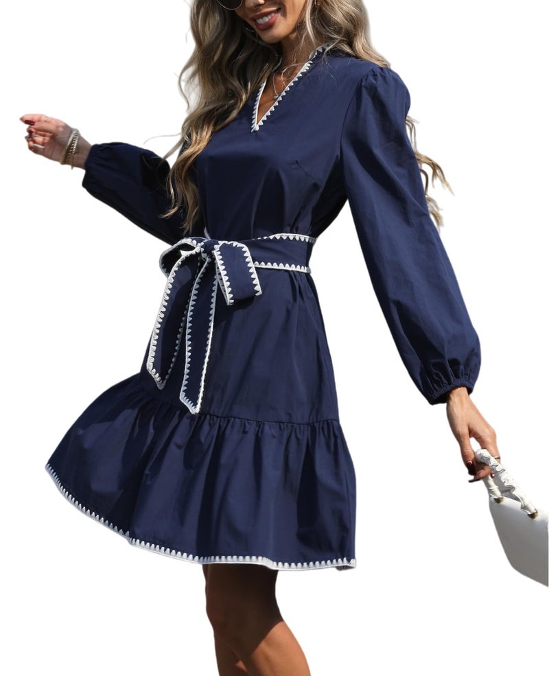 LifeShe Women Tie Front Babydoll Dress V Neck Puff Sleeve Mini Dresses Navy Blue - Image 1