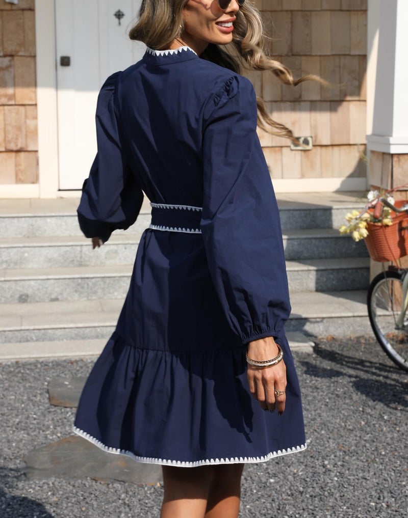 LifeShe Women Tie Front Babydoll Dress V Neck Puff Sleeve Mini Dresses Navy Blue - Image 2